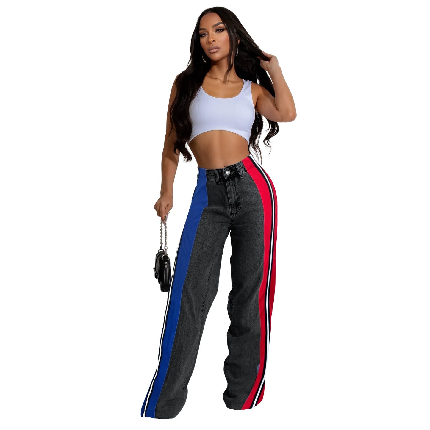 Denim Pants Women Patchwork Spliced Long Pant Mom Straight Button High Waist Casual Jeans Trousers Pocket Lady Y2k Autumn