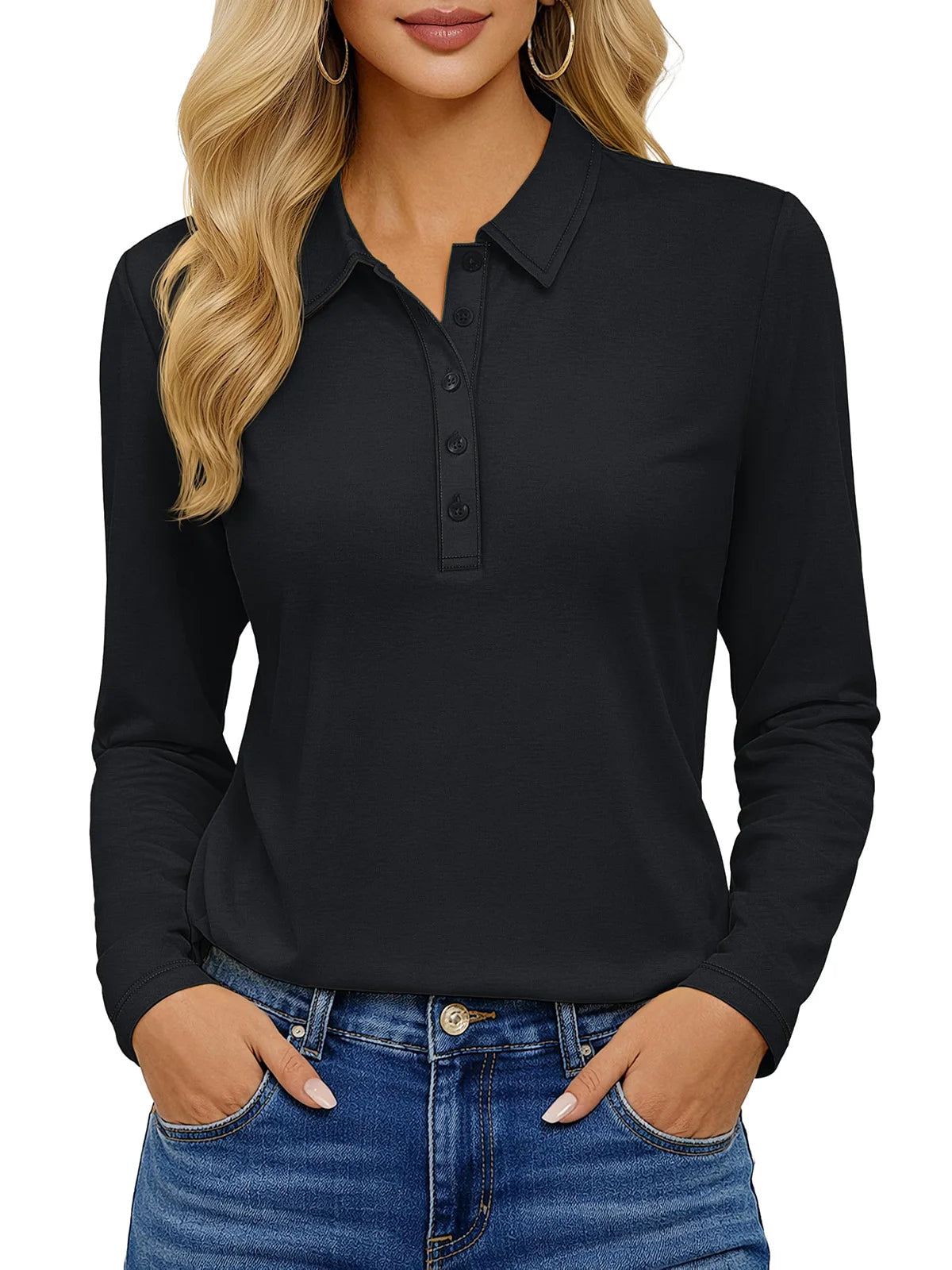 TACVASEN Women's Long Sleeve 5-Button Polo Shirts V-Neck Collared Tops Cotton Blend Casual Work Golf T-Shirts with Side Split