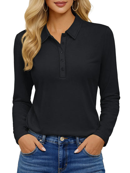 TACVASEN Women's Long Sleeve 5-Button Polo Shirts V-Neck Collared Tops Cotton Blend Casual Work Golf T-Shirts with Side Split