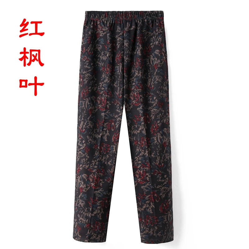 8XL 9XL Middle-aged Women Trousers New Print Elasti High Waist Casual Pants Spring and Autumn Straight Pants Oversize Grandma Pa