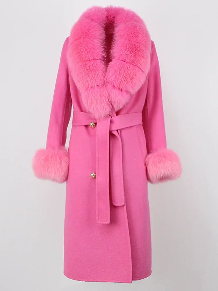 Double Breasted Woolen Jacket Belt Warm Cashmere Real Fur Coat Streetwear New Fashion 2024 Winter Women Long Natural Wool Blends