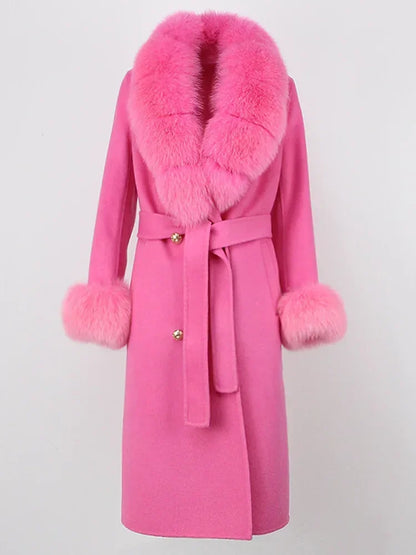 Double Breasted Woolen Jacket Belt Warm Cashmere Real Fur Coat Streetwear New Fashion 2024 Winter Women Long Natural Wool Blends