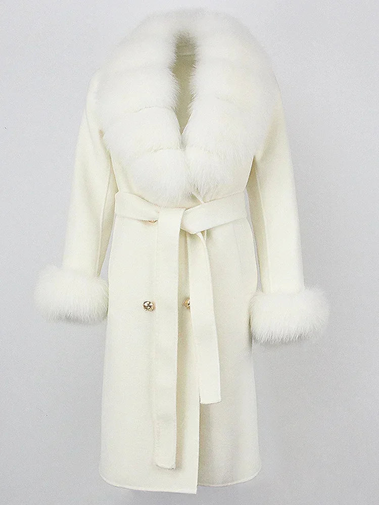 Double Breasted Woolen Jacket Belt Warm Cashmere Real Fur Coat Streetwear New Fashion 2024 Winter Women Long Natural Wool Blends