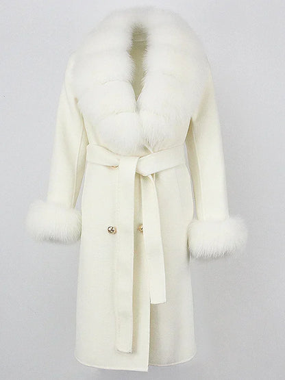 Double Breasted Woolen Jacket Belt Warm Cashmere Real Fur Coat Streetwear New Fashion 2024 Winter Women Long Natural Wool Blends