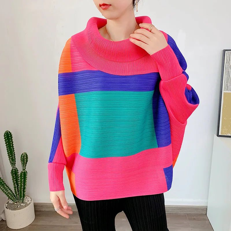 Miyake Pleated Turndown Collar Batwing Sleeve Top Women Geometric Printed Loose T-shirt