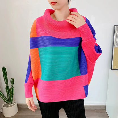 Miyake Pleated Turndown Collar Batwing Sleeve Top Women Geometric Printed Loose T-shirt