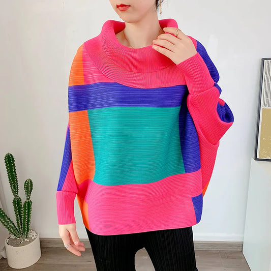 Miyake Pleated Turndown Collar Batwing Sleeve Top Women Geometric Printed Loose T-shirt
