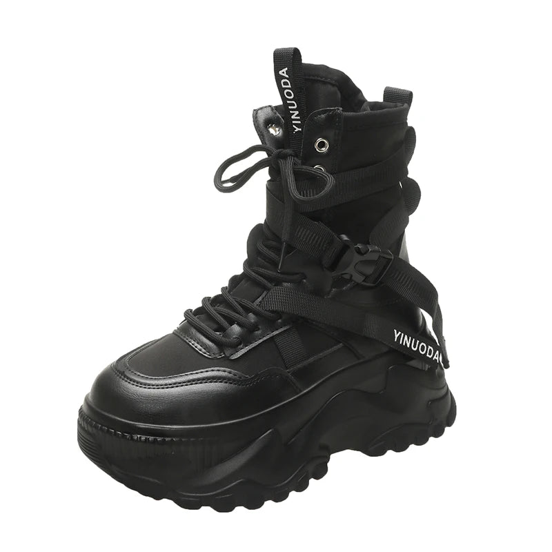 Women Ankle Boots Autumn Leather Chunky Shoes Woman High Platform Breathable Sneakers 8CM Thick Sole Wedges Motorcycles Boots
