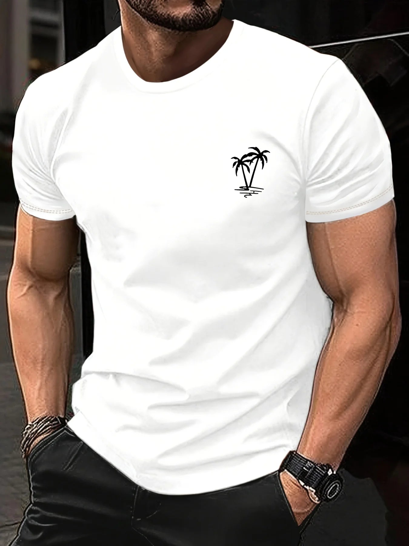 Men's summer 100 cotton fashionable casual loose sports fashionable coconut tree print round neck short sleeved T-shirt top