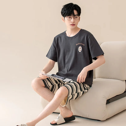 Couple Pajamas Set Summer Short-Sleeved Sleepwear 100% Cotton Men and Women Pyjamas