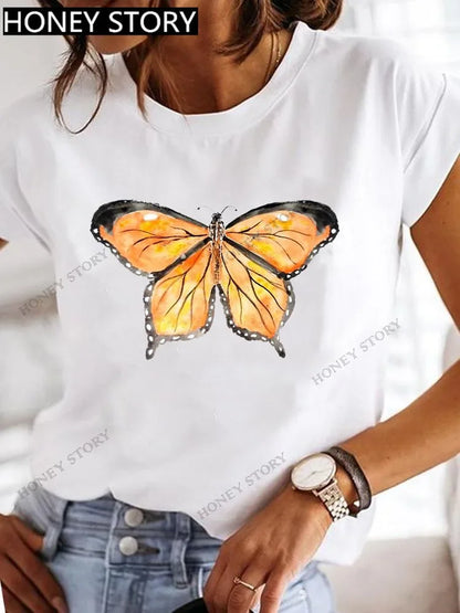 Dragonfly Butterfly Print Base Top Loose Women's Short-sleeved T-shirt Round Neck Oversized T Shirt  Women Clothes TEE
