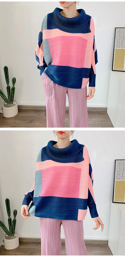 Miyake Pleated Turndown Collar Batwing Sleeve Top Women Geometric Printed Loose T-shirt
