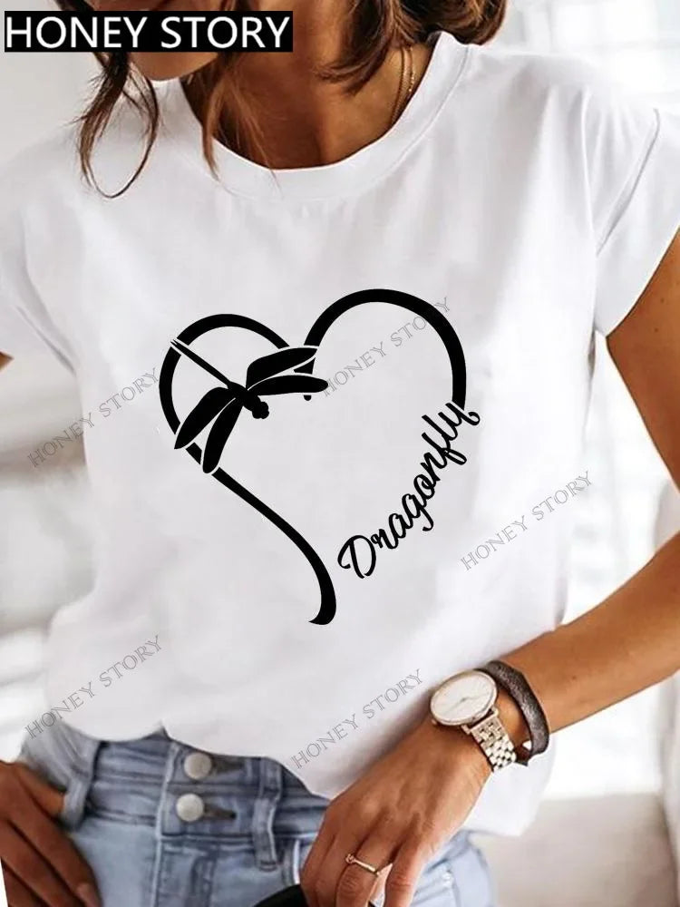 Dragonfly Butterfly Print Base Top Loose Women's Short-sleeved T-shirt Round Neck Oversized T Shirt  Women Clothes TEE