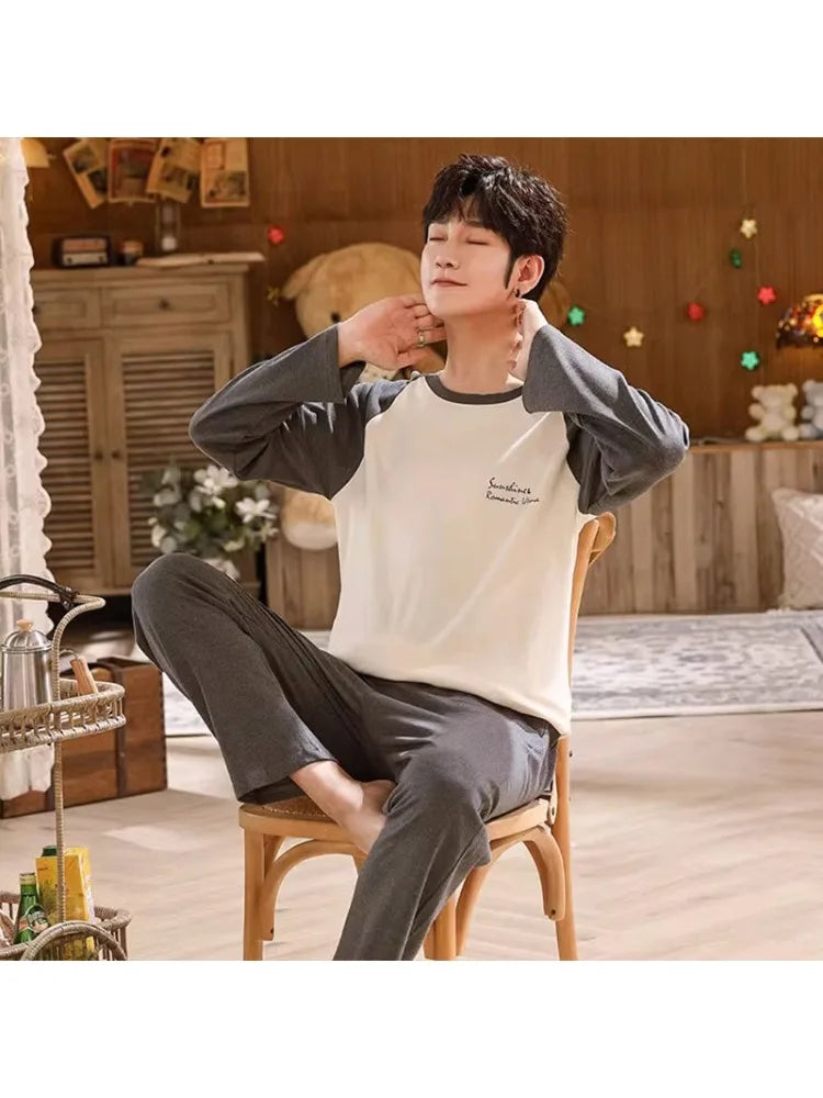 Plus Size Men Pajamas Set Spring and Fall Plaid Solid Color Student Sleepwear Homewear Tops and Pants Nightwear Loungewear