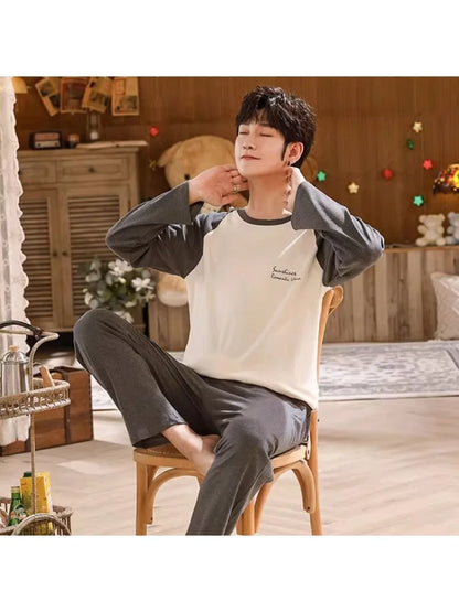 Plus Size Men Pajamas Set Spring and Fall Plaid Solid Color Student Sleepwear Homewear Tops and Pants Nightwear Loungewear