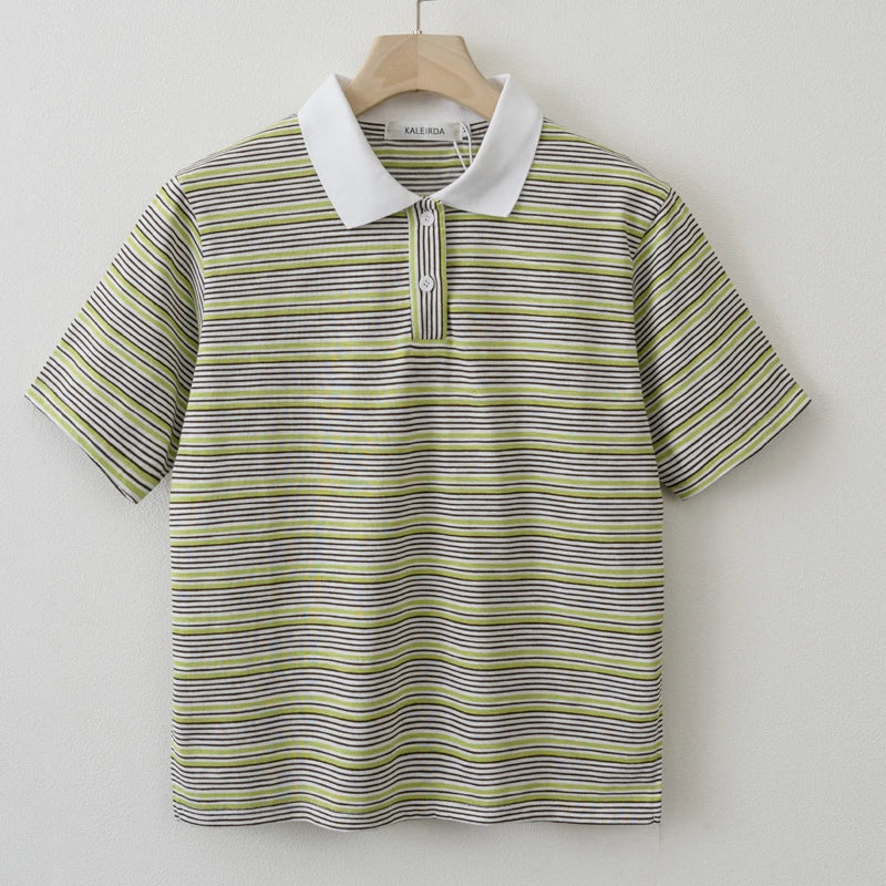 2025 Summer Women Casual Striped Short sleeve Polo Shirt T shirt