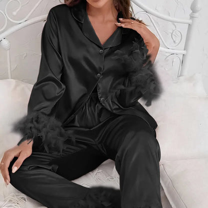 NHKDSASA Feathers Sleepwear Female 2 Piece Set Long Sleeve Turn Down Collar Tops Satin Casual Women Sets With Pants Summer 2023