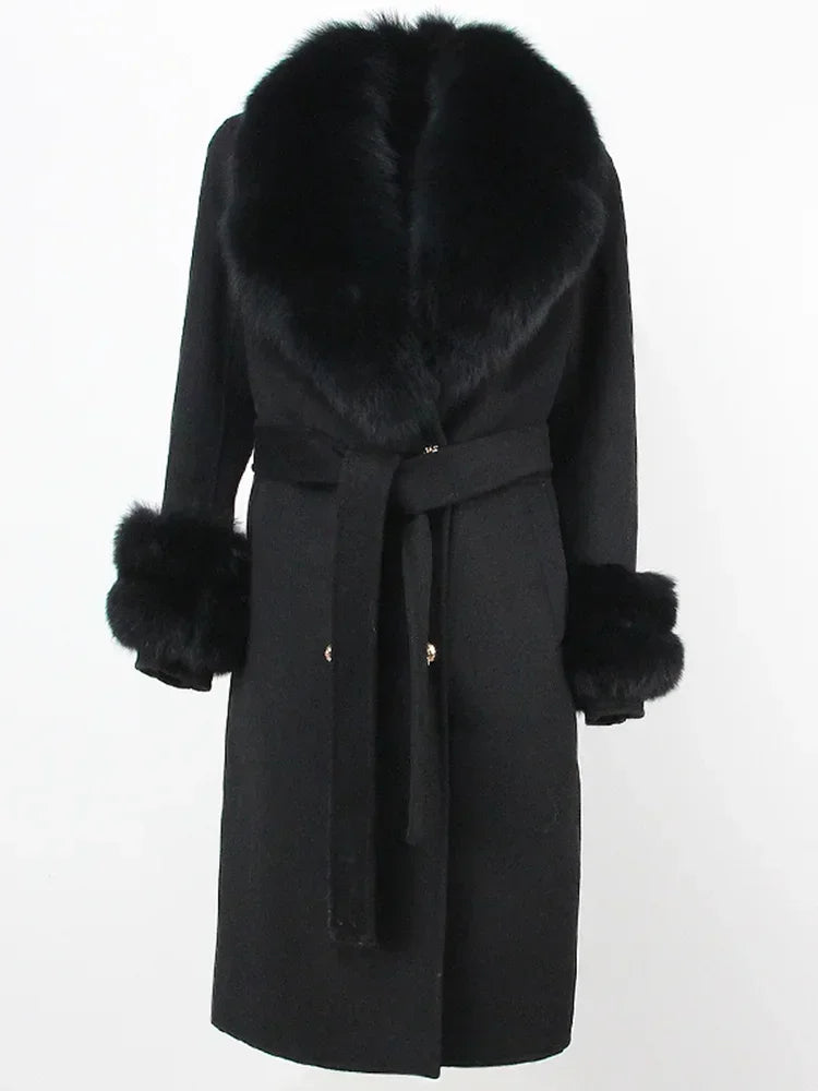 Double Breasted Woolen Jacket Belt Warm Cashmere Real Fur Coat Streetwear New Fashion 2024 Winter Women Long Natural Wool Blends