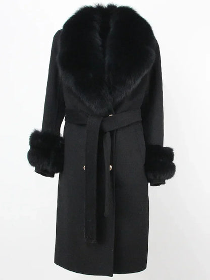 Double Breasted Woolen Jacket Belt Warm Cashmere Real Fur Coat Streetwear New Fashion 2024 Winter Women Long Natural Wool Blends