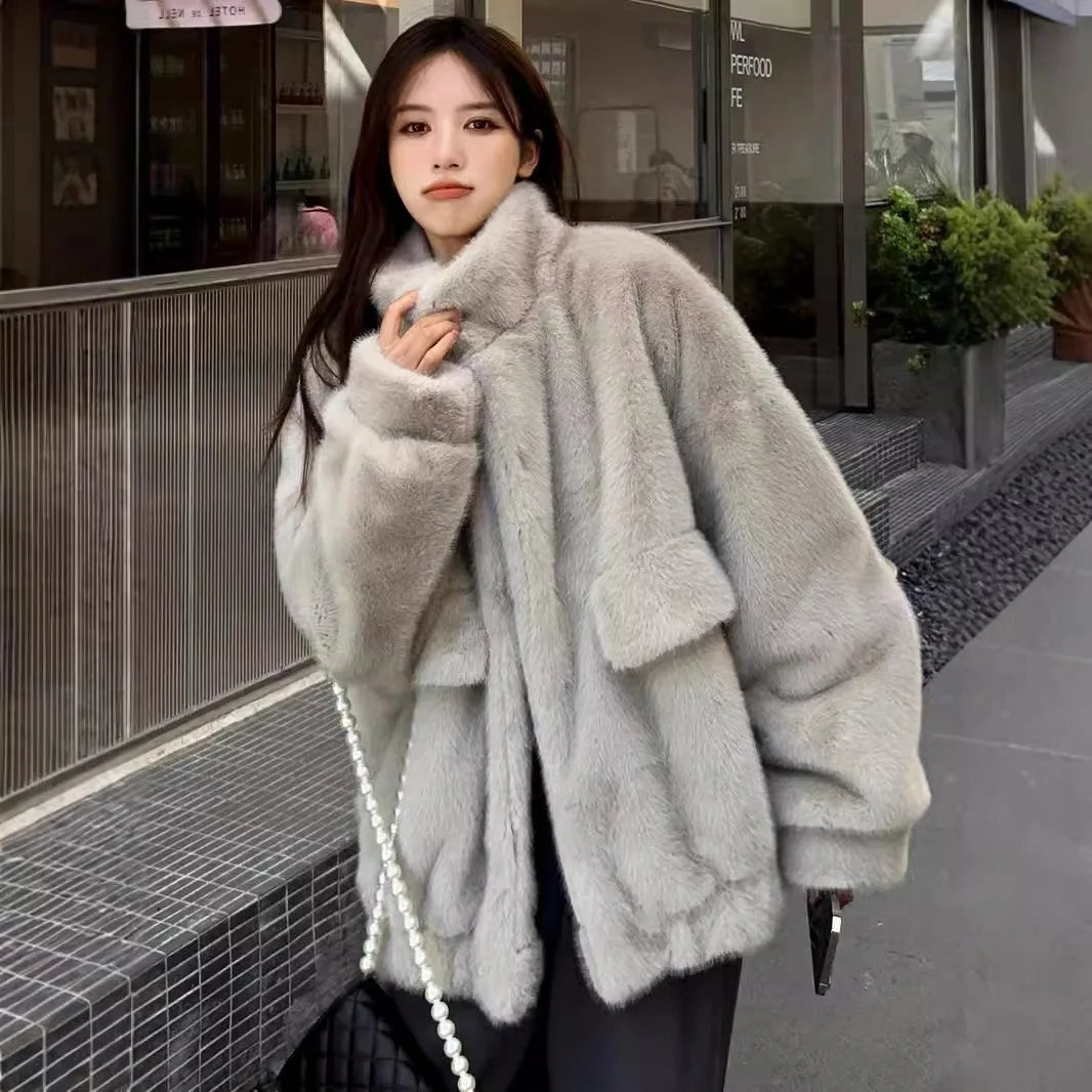 Women Faux Fur Coats Mid Length Jackets Stand Collar Coat Thick Warm Y2k Streetwear Jacket Work Casual Loose Autumn Winter