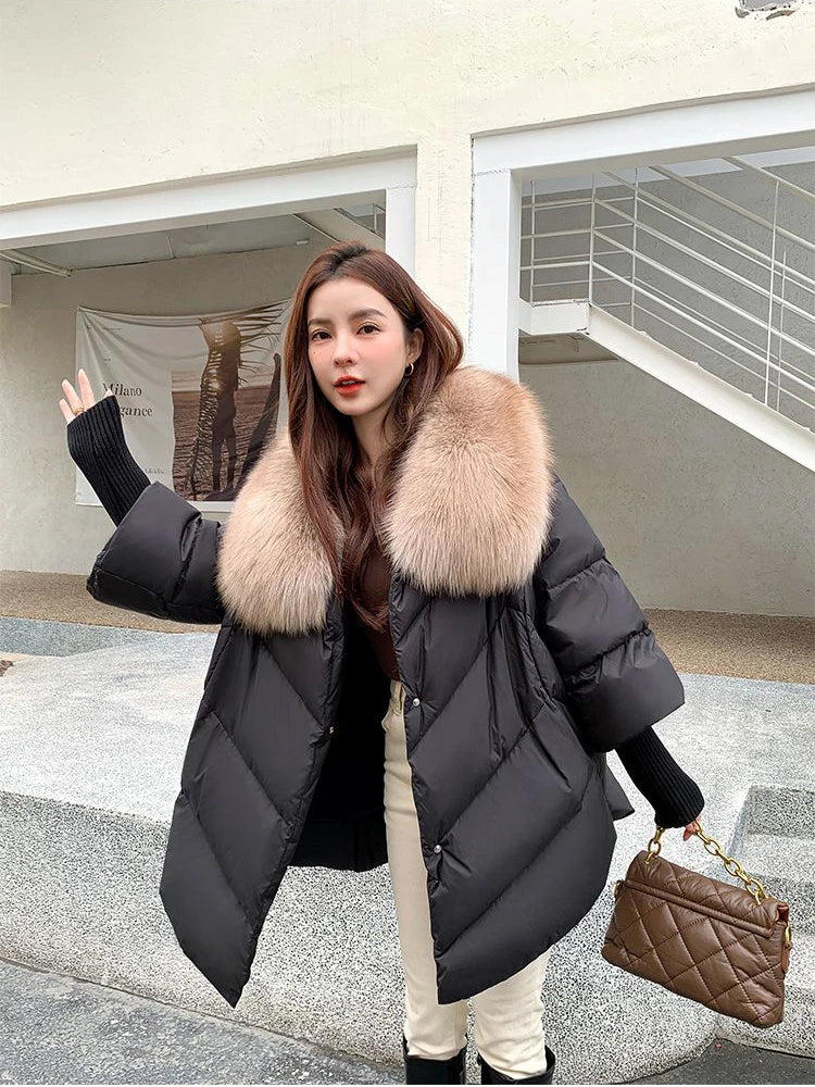 New Female Loose Outerwear Fashion Down Jacket Overcoat Women Winter Coat 90% White Duck Down Jacket With Big Woolen Collar Coat