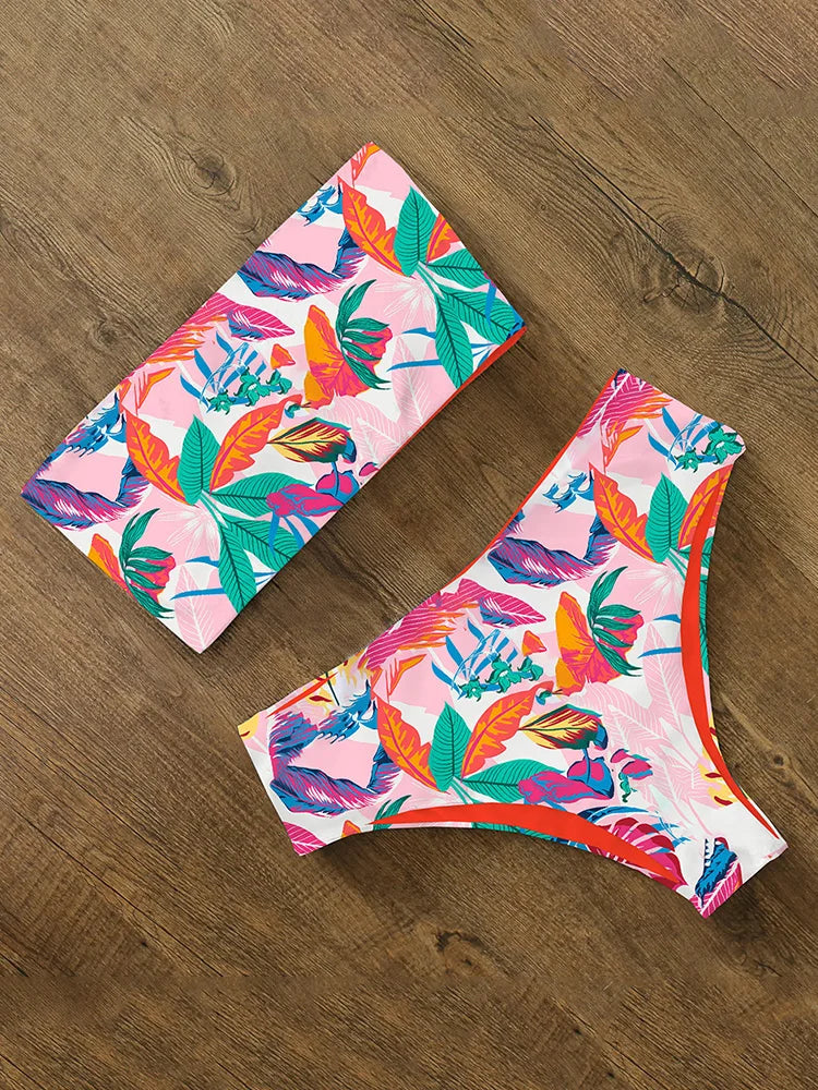Bikini Swimwear Swimsuit Women Print High Waist Bikini Set Back Cross Bandeau Bathing Suit Female Beach Wear Biquini