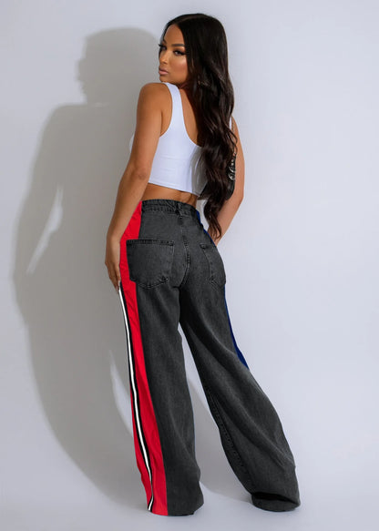 Denim Pants Women Patchwork Spliced Long Pant Mom Straight Button High Waist Casual Jeans Trousers Pocket Lady Y2k Autumn