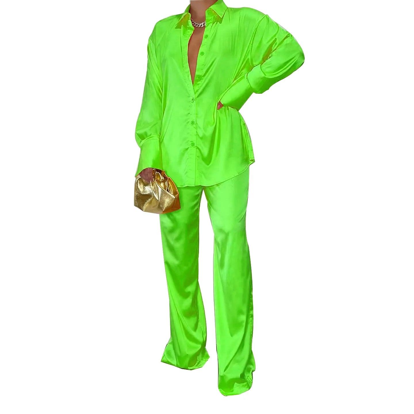 CM.YAYA Elegant Satin Women's Tracksuit Long Sleeve Shirt and Wide Leg Straight Pants Matching Sleepwear Two 2 Piece Set Outfits