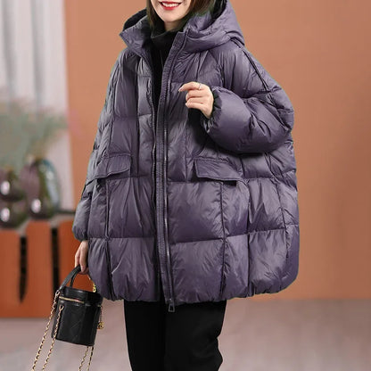 2024 New Winter Women White Duck Down Jacket Hooded Warm Oversize Puffer Coat Female Casual Loose Parkas Pocket Outwear