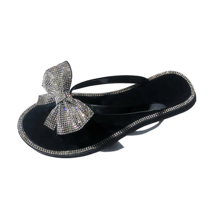 Summer New Clip-foot Bow Flash Drill Sandals and Slippers Women's Flip-flops Fashion Shoes  Clear Slippers Women  Summer Slipper