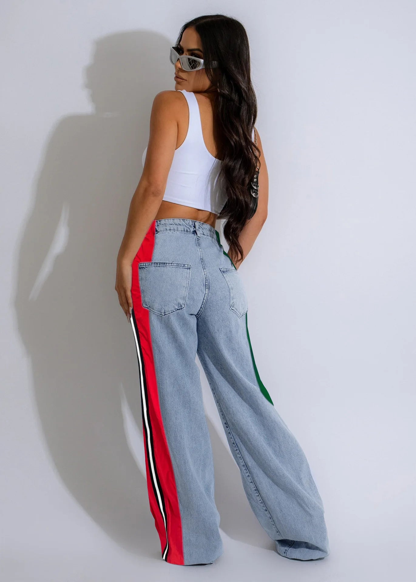 Denim Pants Women Patchwork Spliced Long Pant Mom Straight Button High Waist Casual Jeans Trousers Pocket Lady Y2k Autumn