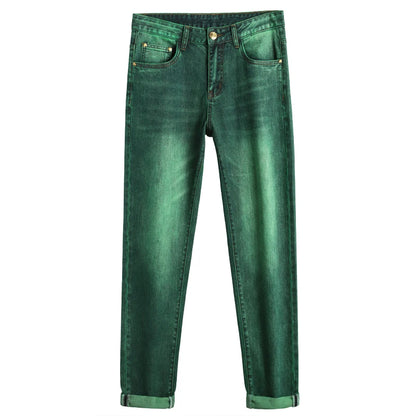 Emerald Green Jeans High-End Embroidery Slim Straight Leg Men Pants Personality Fashion Everything Trend Elastic Denim Pant