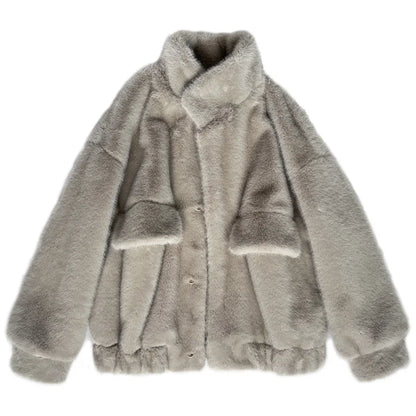 Women Faux Fur Coats Mid Length Jackets Stand Collar Coat Thick Warm Y2k Streetwear Jacket Work Casual Loose Autumn Winter