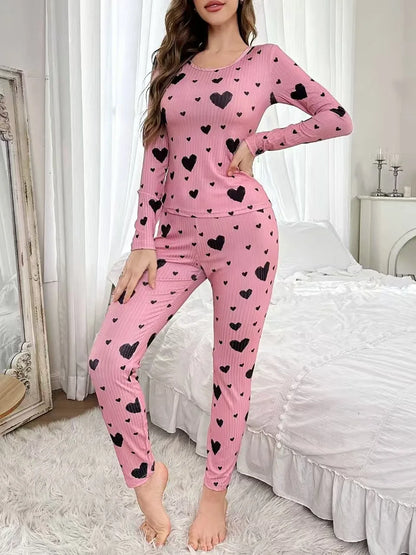 Women's Autumn Winter Pyjama Set, Heart Print Long Sleeve T-shirt and Long Pants Set Loungewear Female Sleepwear