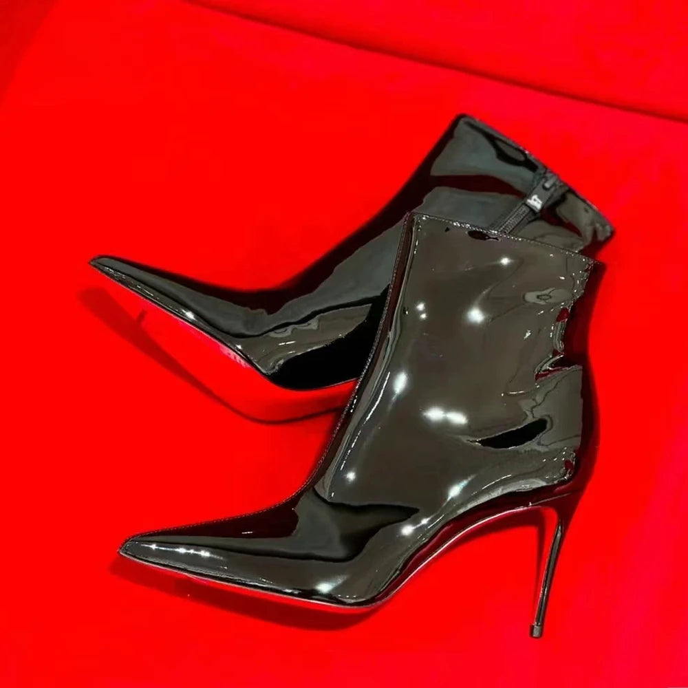 2024 Autumn/Winter New Sheep Pattern Leather Black Pointed Red BottomS Boots Bare Boots Versatile Short Boots Women's Thin Heels