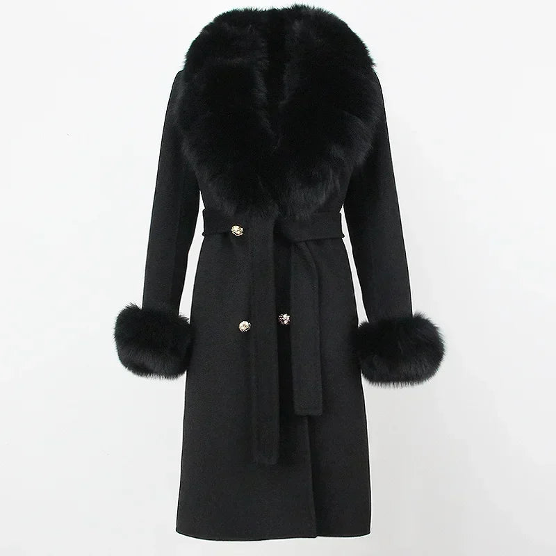 Double Breasted Woolen Jacket Belt Warm Cashmere Real Fur Coat Streetwear New Fashion 2024 Winter Women Long Natural Wool Blends