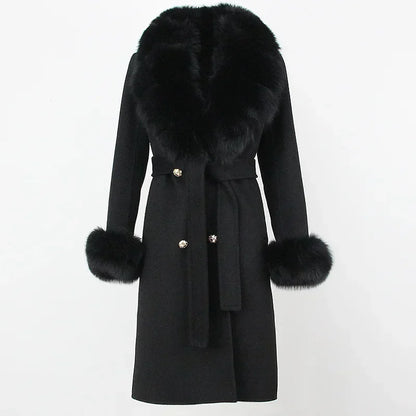 Double Breasted Woolen Jacket Belt Warm Cashmere Real Fur Coat Streetwear New Fashion 2024 Winter Women Long Natural Wool Blends