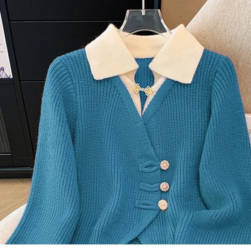New 2026 Autumn Winter Design Splicing Slim Women Knitted Cardigan Sweater Jacket Fashion Fake Two Items Loose Ladies Top