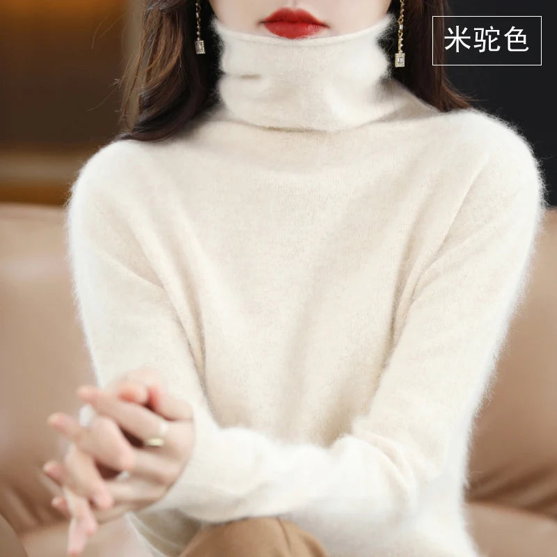 CHICUU Women Mink Cashmere Sweater Turtleneck Pullover Autumn Winter Basic Soft Warm Clothing 100% Mink Cashmere Knitwear Tops