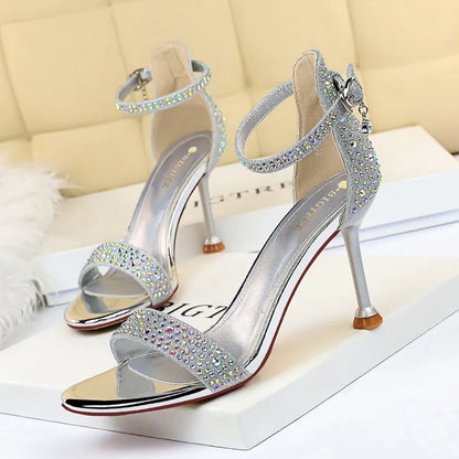 Women Summer Sandals 8.5cm High Heels Rhinestone Crystal Middle Heels Ankle Strappy Sandles Lady Wedding Event Party Gold Shoes
