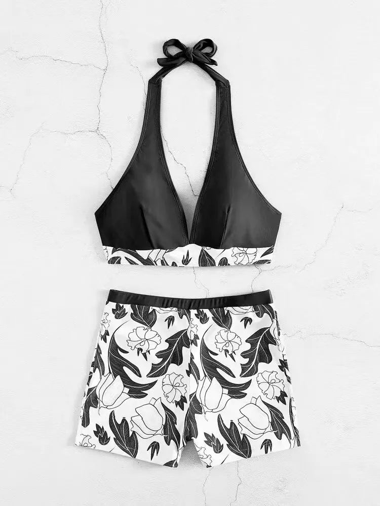 2026 Halter Bikini Set Short Swimsuit Women High Waist Swimwear Female Printed Bathers Swimming Bathing Swim Suit Beachwear