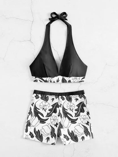 2026 Halter Bikini Set Short Swimsuit Women High Waist Swimwear Female Printed Bathers Swimming Bathing Swim Suit Beachwear