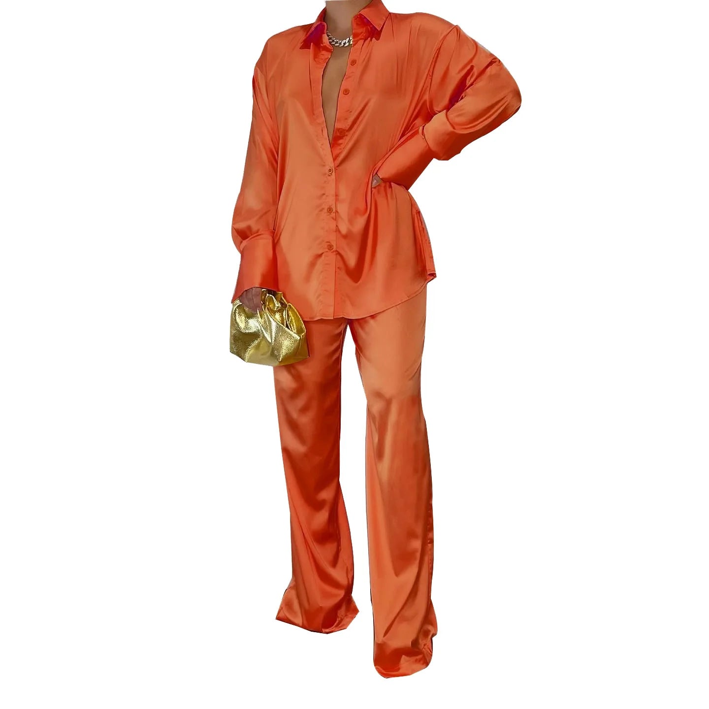CM.YAYA Elegant Satin Women's Tracksuit Long Sleeve Shirt and Wide Leg Straight Pants Matching Sleepwear Two 2 Piece Set Outfits