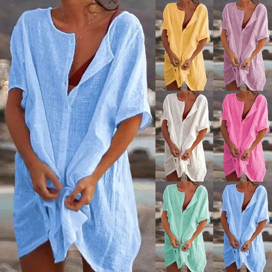 2025 Hot Sexy Beach Swimsuit Cover-Ups Women Blouse Beach Shirt Cotton Linen Long Blouse Fashion Casual Solid Color Beach Dress