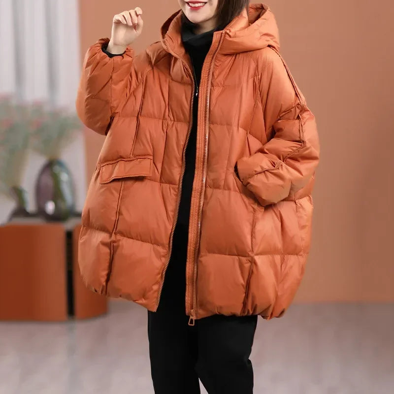 2024 New Winter Women White Duck Down Jacket Hooded Warm Oversize Puffer Coat Female Casual Loose Parkas Pocket Outwear