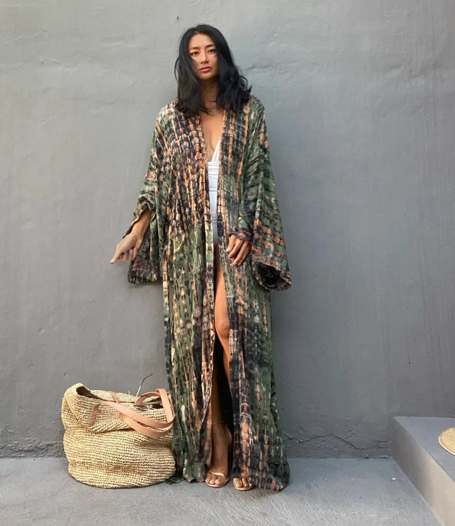 Beach Cover Ups Women Tie Dye Printed Kimono Cardigan Self Belted Wrap Dresses Summer Holiday Bathing Suits
