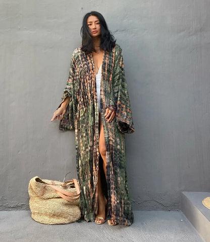 Beach Cover Ups Women Tie Dye Printed Kimono Cardigan Self Belted Wrap Dresses Summer Holiday Bathing Suits