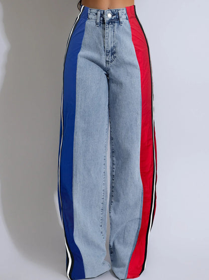 Denim Pants Women Patchwork Spliced Long Pant Mom Straight Button High Waist Casual Jeans Trousers Pocket Lady Y2k Autumn