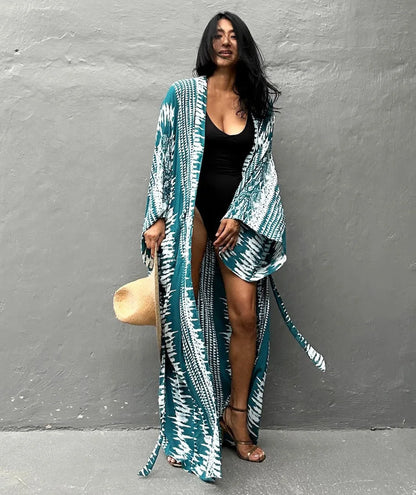 Beach Cover Ups Women Tie Dye Printed Kimono Cardigan Self Belted Wrap Dresses Summer Holiday Bathing Suits