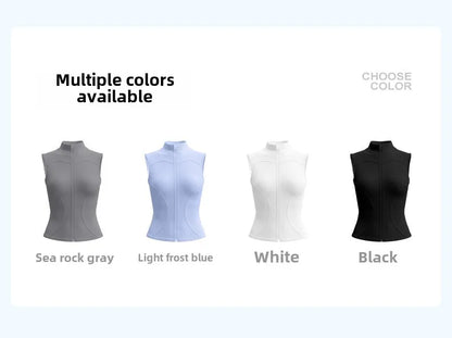 Spring and Summer New Sleeveless Vest Women's Yoga Jacket Slimming Stretch Slim Sports Jacket Standing Collar Zipper Top Fitness